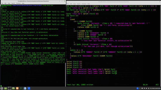 factorial, written with increasing optimization by self brain surgery reaching into self and rewriting bits.