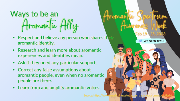 Aromantic Spectrum Awareness Week. Feb 19 to 25, 2023. We Open Tech. Ways to be an Aromantic Ally. Respect and believe any person who shares their aromantic identity. Research and learn more about aromantic experiences and identities and what they mean. Ask if they need any particular support. Correct any false assumptions about aromantic people, even when no aromantic people are there. Learn from and amplify aromantic voices. Source: Medical News Today