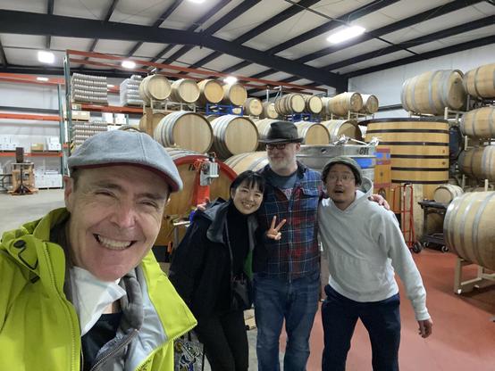 Selfie of me along with my friends Miku and Teruhisa Nomoto (Teruhisa is a brewer at Tokyo’s T.Y. Harbor brewery) along with Ron Extract, co-founder and head brewer/blender at Garden Path Fermentation in their fermentation/aging facility filled with wooden barrels