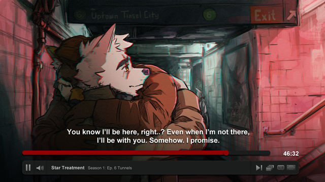 Two anthro canines hug it out in a dingy subway entrance.