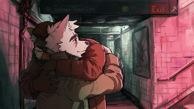 Two anthro canines hug it out in a dingy subway entrance