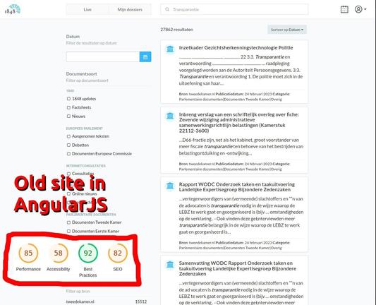 Screenshot of the old design of app.1848.nl in AngularJS with Lighthouse scores: Performance: 85, Accessibility: 58, Best Practices: 92 en SEO: 82.