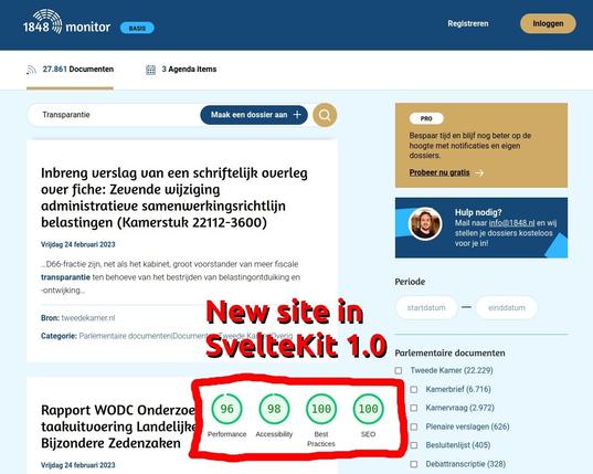 Screenshot of the new design of app.1848.nl in SvelteKit 1.0 with Lighthouse scores: Performance: 96, Accessibility: 98, Best Practices: 100 en SEO: 100.
