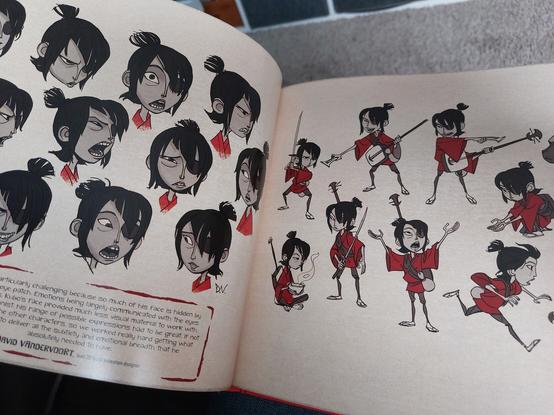Pages of the concept art book showing concept drawings of Kubos facial expressions and various action poses.