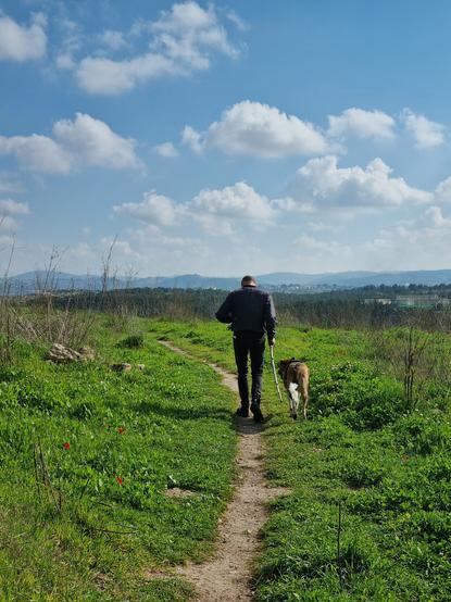 A man and his dog walking along a nature path