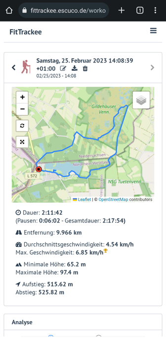 Ein Screenshot der Webanwendung FitTrackee mit einem einem Wandertrack durch ein Moorgebiet "Gildehauser Venn" mit einer Strecke von 9,9 km.