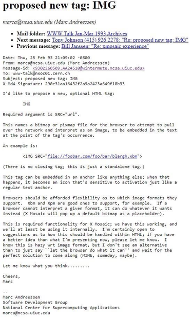 Email from Marc Andressen proposing IMG tag for HTML.