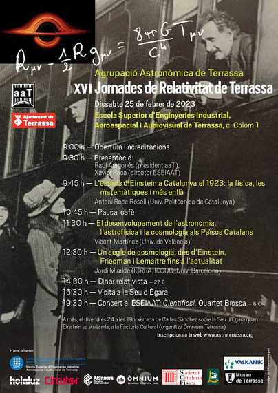 Cartell de les jornades de Relativitat de Terrassa amb una foto d'Einstein en un tren i el programa de xerrades.