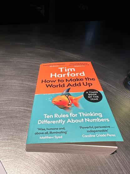 Cover of the book How To make the World Add up picturing a golf fish swimming in the water but with a shark fin attached that is visible above the water, illustrating that you can’t just trust what you see. You have to dig deeper.