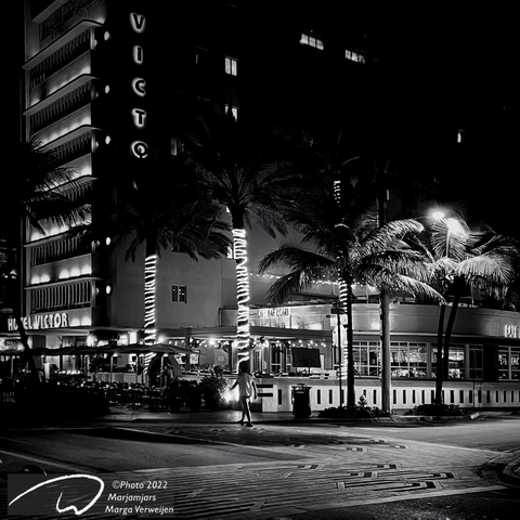 Magical streetshot at night on ocean drive Miami showing a mosaic on a crossing.