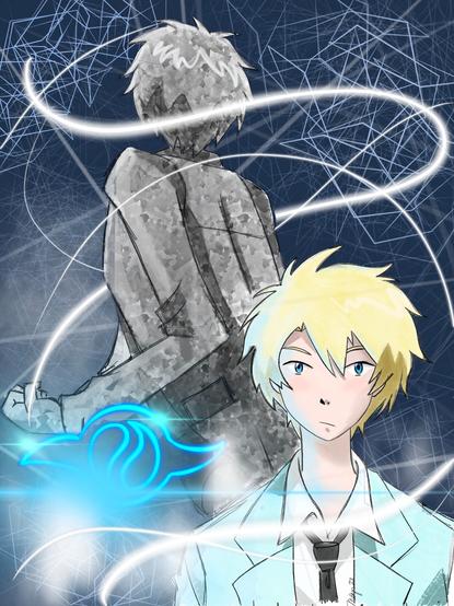 Character fanart from the Digimon Tri anime, character headshot in color in the foreground and a second back-to image in gray, navy blue background and lots of white, gray and teal tones.