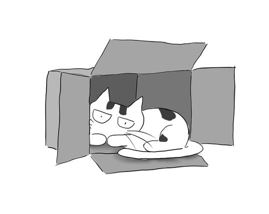 A cartoon of a white cat with black markings, awkwardly sitting in a box that has fallen on its side.