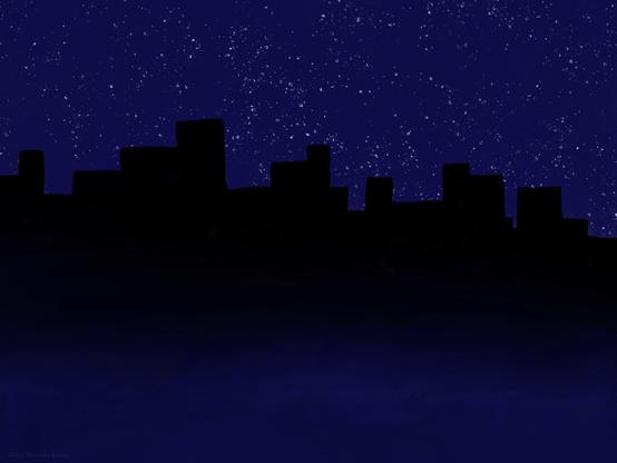 Darkened city skyline silhouetted against a starry night sky with a murky misty foreground.