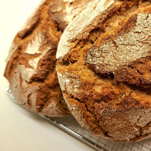 Zwei Laibe des genannten Brotes mit aufgerissener Kruste.