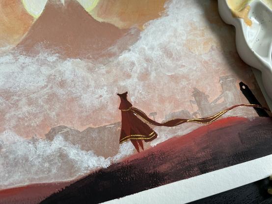 Detailed shot of the main character. Gold-coloured details can be seen on the robe.