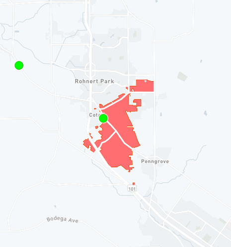 A Pacific Gas & Electric map showing Cotati, Penngrove, and Rohnert Park in Sonoma County. Portions of Cotati, Penngrove and Rohnert Park are highlighted in red reflecting a power outage.