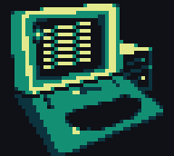 An apple 2 with an external Disc Drive, it is made with a mostly blue palette