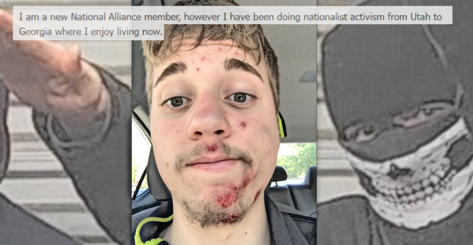 Image collage:
Background: Masked figure with balaclava and skull mask makes Nazi salute. 

Foreground: image of Devin Brosnahan

Text (from "Levi Savage"/Brosnahan forum post): "I am a new National Alliance member, however I have been doing nationalist activism from Utah to Georgia where I enjoy living now."