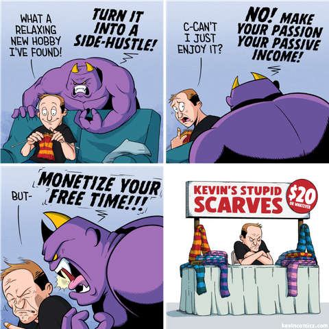 Cartoon with a demon trying to convince someone to turn their hobby into a money making venture