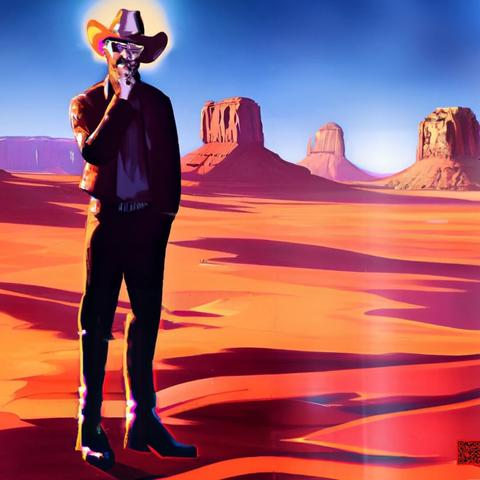 A Burt Reynolds-like character chewing on something (straw? a cigarette?) and standing in the desert near Monument Valley