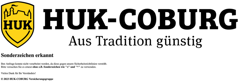 Eine Fehlermeldung der HUK-Coburg Webseite mit dem Titel "Sonderzeichen erkannt"