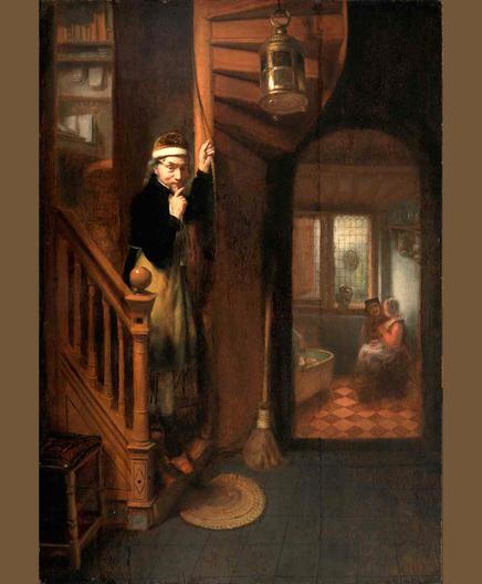A 17th Century oil painting of a middle aged man wearing a hat, standing on a staircase inside a house. He holds a finger up to his lips to "shush" as he looks directly at the viewer. Beyond the staircase is the entrance to another room, where a man and woman can be seen sitting next to each other, having a private conversation.