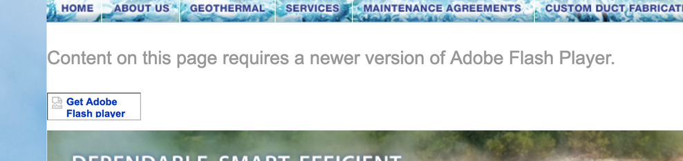 A screenshot snippet of a website stating "Content on this page requires a newer version of Adobe Flash Player"