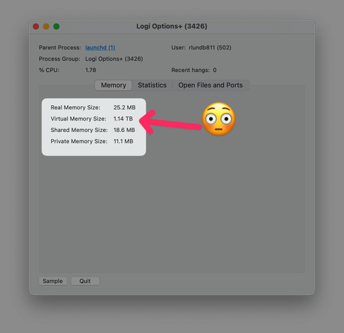 Activity Monitor screenshot featuring LogiOptions+ using 1.14TB of virtual memory.