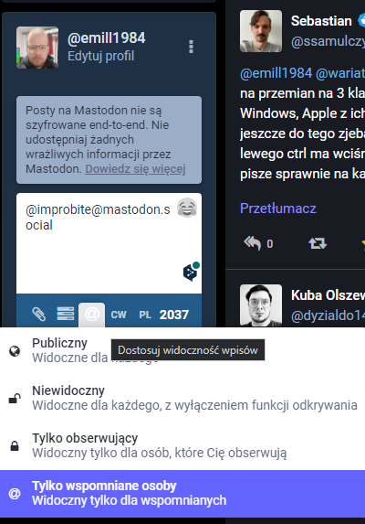 screen formularza do wpisywania wiadomości na Mastodonie, z ustawieniami potrzebnymi, żeby wysłać DM