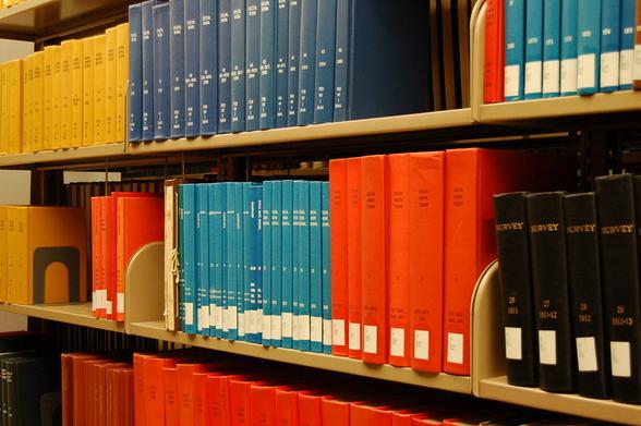 bound periodicals on a library shelf