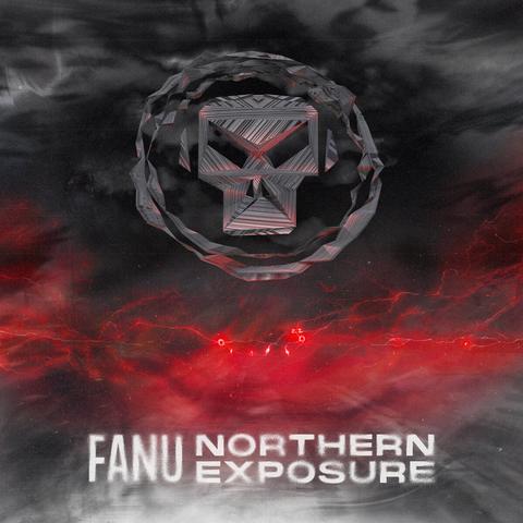 Fanu - Northern Exposure with Metalheadz skull logo on a gray and red background remininiscing a red electric storm or flowing, steaming lava with a stormy sky above it.