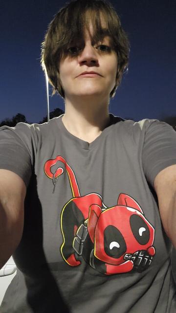 A selfie wherein I am wearing my new TeeTurtle Catpool (Deadpool as a kitteh playing with a hand grenade) shirt.