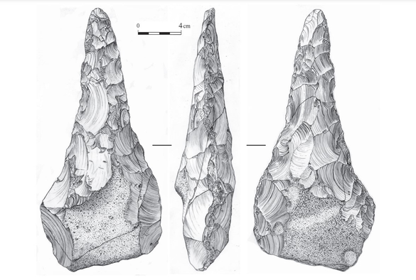 three archeo-drawings of a neolithic tool