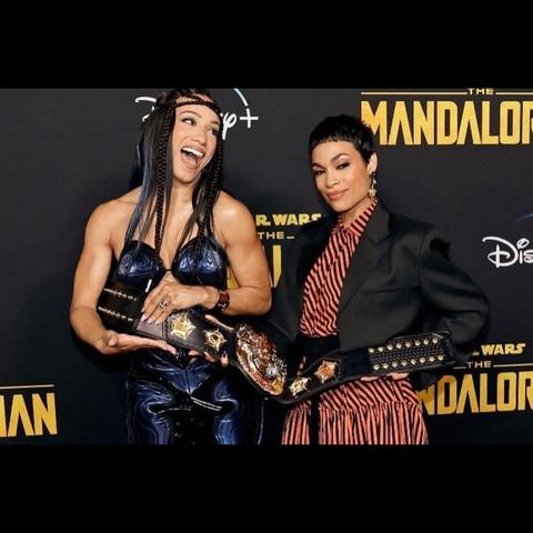 Mercedes Moné and Rosario Dawson at the Mandalorian season 3 red-carpet premiere