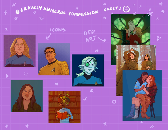 @gravelyhumerus commission sheet! :). Icons on the left which include various humans drawn from the bust up and a couple of aliens. then three examples of past commissions on the right that involve couples. all drawn by @gravelyhumerus on a pink grid background with doodled stars and hearts.