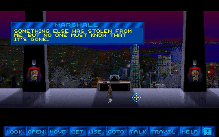 In a skyscraper office, in front of a dark city silhoutte, a shadowy figure gives Tex Murphy his assignment.
