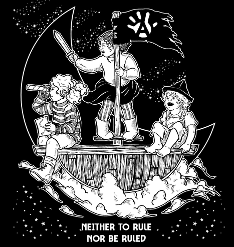 an illustration. Three very young people ride on a wooden ship in the clouds surrounded by stars. One sit up front looking through a paper towel roll periscope and holding a map. One sit in the back smiling up at the stars. One hangs on the mast holding a play sword forward. A flag with the youth libertaion circle a flies from the ship. Text at bottom reads Neither to rule, nor to be ruled.