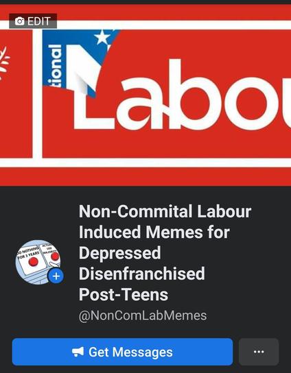 Screenshot of the Facebook page non-committal labour induced memes for depressed disenfranchised post teens