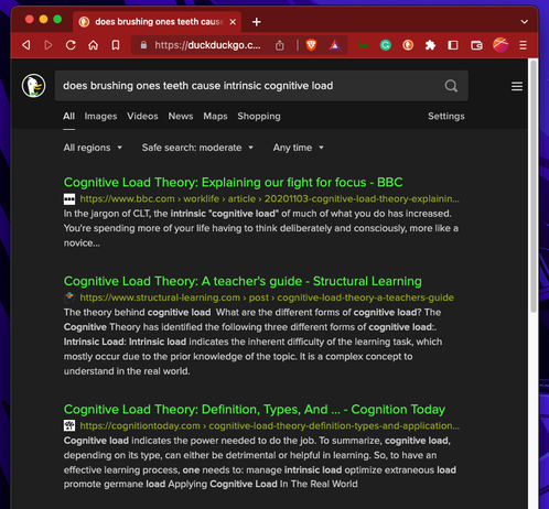 Screenshot of a DuckDuckGo search page after entering the query "does brushing ones teeth cause intrinsic cognitive load"