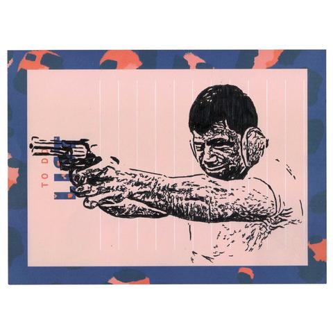 Pen drawing of Robert Blake holding a gun and wearing earmuffs drawn on a To Do List.