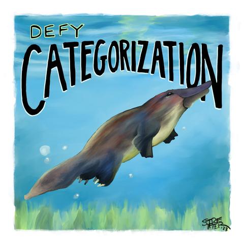 Digital color illustration of a swimming platypus with the words, "Defy Categorization"