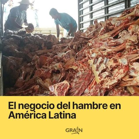 Titulo del informe "El negocio del hambre en América Latina" con una foto de dos hombres en un camión de carne
