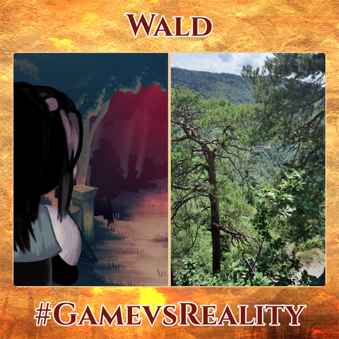 Zwei Bilder, die nebeneinander angeordnet sind. Links ist ein gezeichneter Gaming-Hintergrund zu sehen, bei dem ein Mädchen in den nahen Wald starrt. Dieser ist in dunklen Farben und Blutrot gestaltet.
Daneben ein Foto, das einen Mischwald zeigt. Im Hintergrund waldbewachsene Hügel, im Vordergrund zwei einzelne Nadelbäume, die zeigen, dass das Foto von erhöhter Position, vermutlich einer anderen Hügelkuppe geschossen wurde.
Über den beiden Bildern steht das Wort Wald, unter den Bildern der Hashtag #GamevsReality.