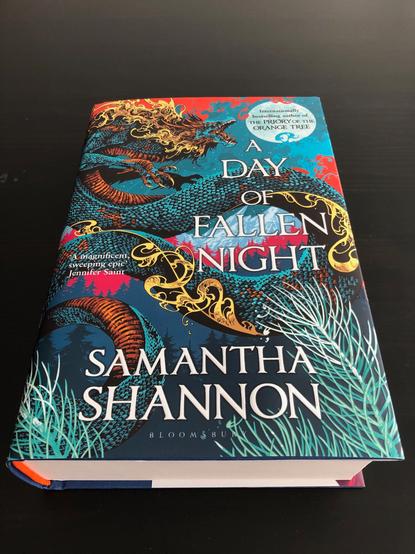 A verb big book: "A Day of Fallen Night" by Samantha Shannon. Cover has a beautiful dragon in blue and gold.