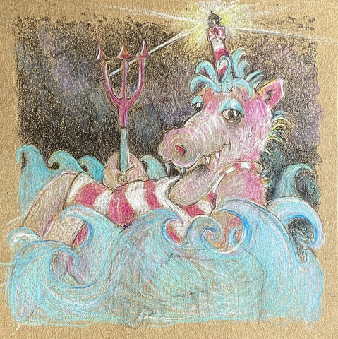 Coloured pencil drawing on brown paper: A sea monster in a striped swimming costume sits between wild waves. In one paw it holds a sceptre, the other rests on a treasure chest. A horn grows on the monster's large skull. The horn looks like the famous "Roter Sand" lighthouse. The sky is dark with black storm clouds. The monster smiles shyly