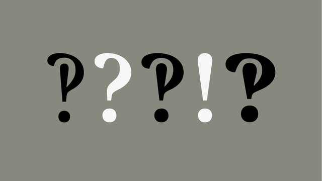 An interrobang (a combination question–exclamation mark) in three weights, with a regular question mark and exclamation mark for reference.