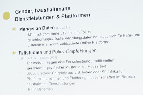 Gender, haushaltsnahe Dienstleistungen & Plattformen
Mangel an Daten
Männlich dominierte Sektoren im Fokus
grschlechtsspezifische Verteilungsdaten hauptsächlich Lieferdienste, sowie webbasierte Online-Plattformen

Fallstudien und Policy Empfehlungen
Die meisten zeigen eine Fortschreibung 'traditioneller' geschlechtsspezifischer Muster in der Hausarbeit
'Good practice' Beispiele aus z.b. Indien oder Südafrika für Plattform Unternehmen und Plattformgenossenschaften im Bereich Haushaltsnahe Dienstleistungen
Hilfr in Dänemark