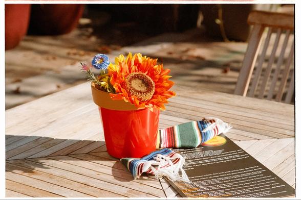 A color film photograph of a n orange flowerpot filled with orange and blue flowers sitting on a wooden table with a festive striped tea towel and a menu.