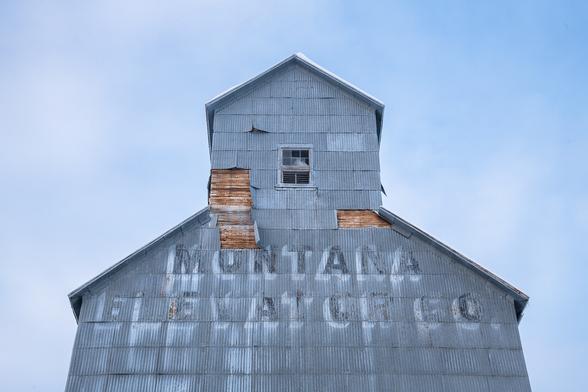 Looking up from the ground straight up at the top third of a tall derelict grain elevator. Taken at dusk. It reads 'Montana Elevator Co'. Several corrugated metal panels are missing - exposing the timberwork underneath