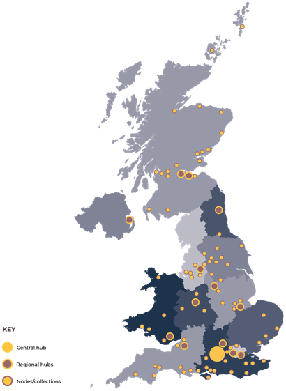 A map showing distribution of UK natural science collections included in the development of the DiSSCo_UK initiative, part of DiSSCo_EU